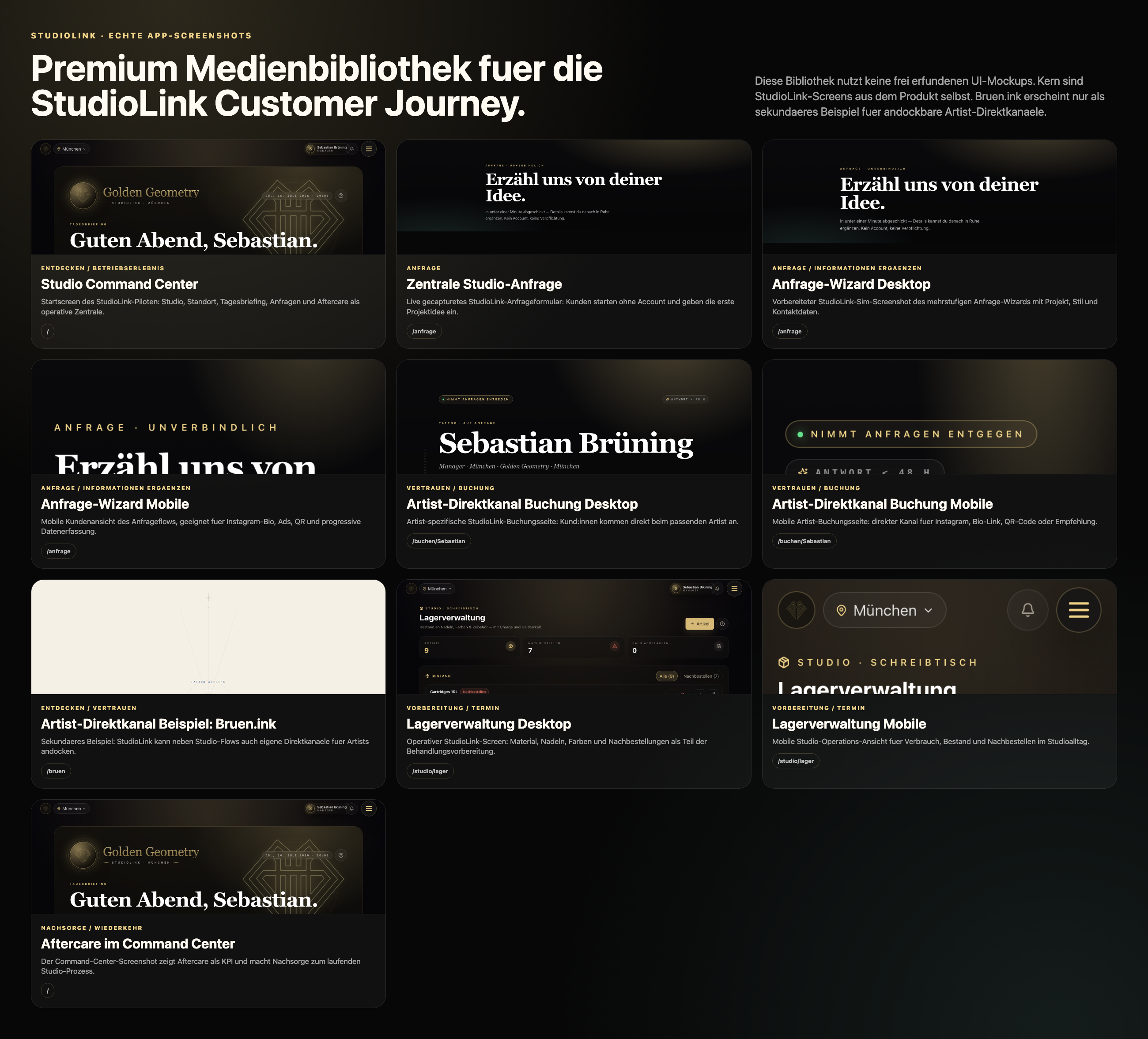 Kontaktbogen mit echten StudioLink Screenshots